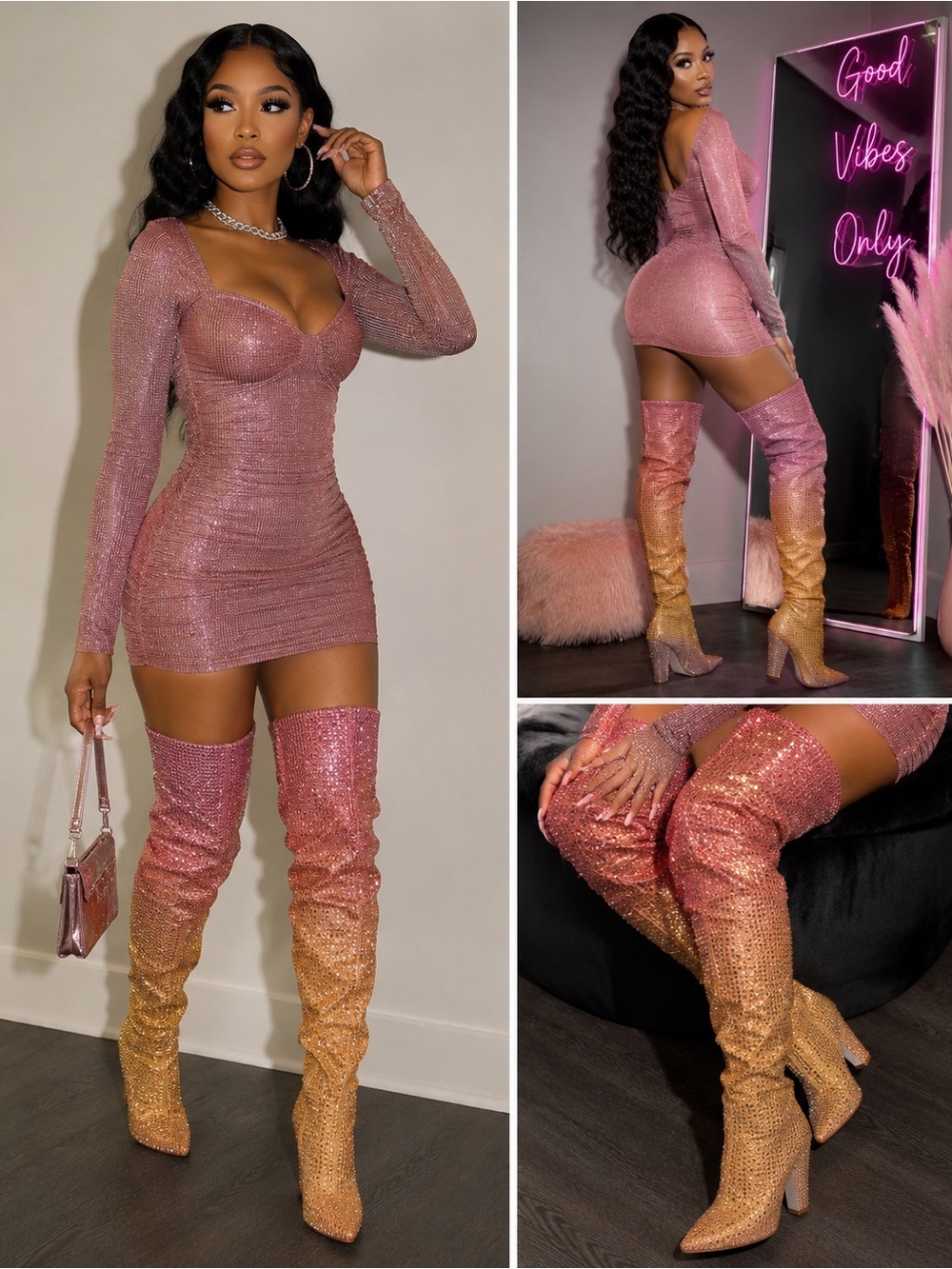 Fashion Nova Rhinestone Ombré Thigh-High Boots – Size 8 ✨💎